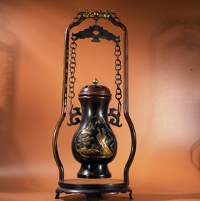 A Exquisite Red Copper Relief Gilt Hanging Incense Burner