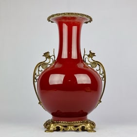 A Exquisite Red Glazed Inlaid Copper Double Ear Vase