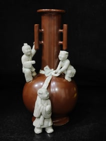 A Exquisite Purple Gold Glaze Carved Figures Vase