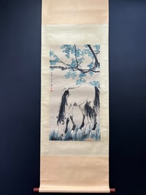 A Chinese Vertical Scroll Ink Horse Painting on Paper