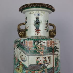 A Exquisite Five Color Inlaid Copper Figure Pattern Double Ear Vase