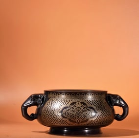 A Exquisite Red Copper Silver-Inlaid Elephant-Ear Censer