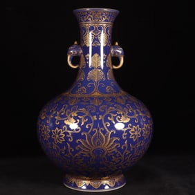A Exquisite Ji Blue Glazed Painted Gold Lotus and Flower Pattern Double-Ears Vase