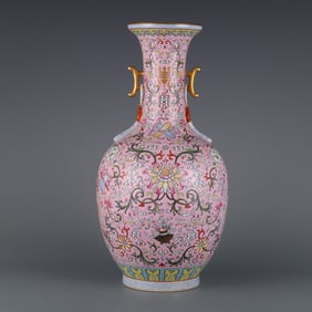 A Exquisite Turquoise-Glazed Ground Famille-Rose Lotus Pattern Double-Ears Vase