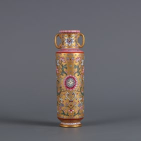 A Exquisite Gold Ground Famille-Rose Lotus Pattern Double-Ears Vase