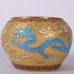 A Exquisite Enamel Gold Ground Carved Dragon Pattern Water Washer