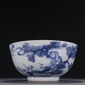 A Rare Blue and White Monkey and Crane Pattern Bowl