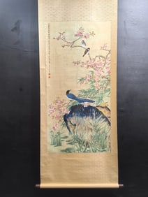 A Chinese Vertical Scroll Ink Painting of Flowers and Birds on Paper