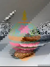 A Exquisite Iron-Red Carved Painted Gold Flower Pattern Censer