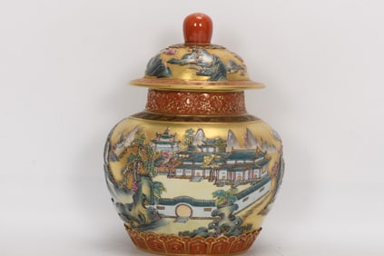 A Exquisite Gold Ground Enamel Landscape Pattern Jar