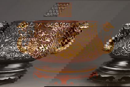 Gilt Red Copper Flower Pattern Phoenix-Ears Censer