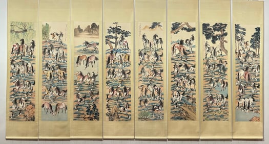 A Set of Chinese Vertical Scroll Ink Paintings of Horse on Paper