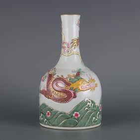 A Exquisite Celadon Glzed Famille-Rose Carved Seawater and Dragon Pattern Vase