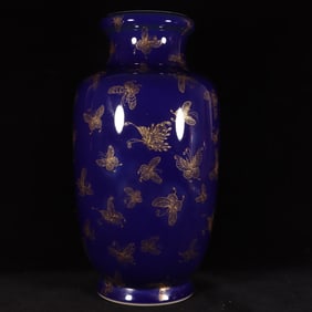 A Exquisite Ji Blue Glazed Painted Gold Butterfly Pattern Vase
