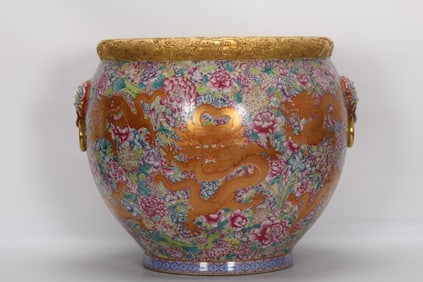 A Exquisite Enamel Painted Gold Dragon Pattern Double-Ears Vat