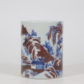 A Exquisite Blue and White Underglaze-Red Landscape Pattern Brush Pot