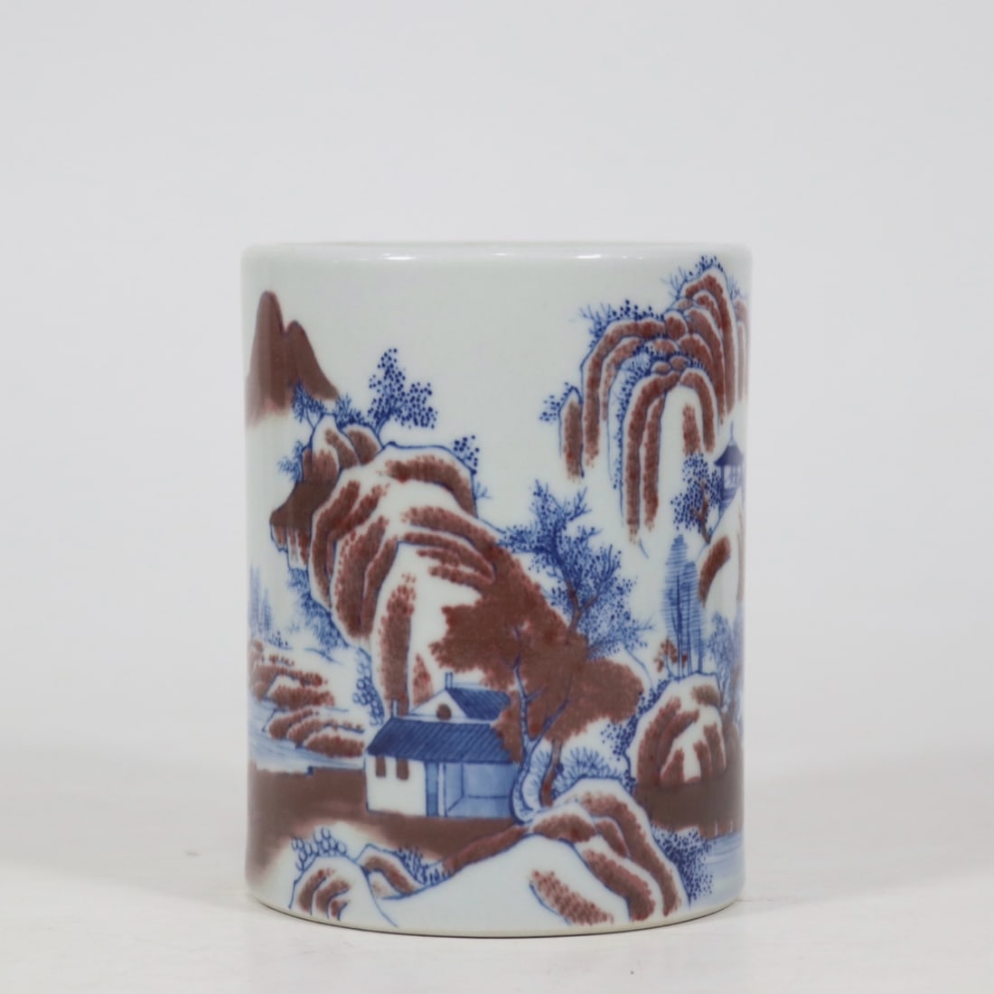 A Exquisite Blue and White Underglaze-Red Landscape Pattern Brush Pot (1 of 9)