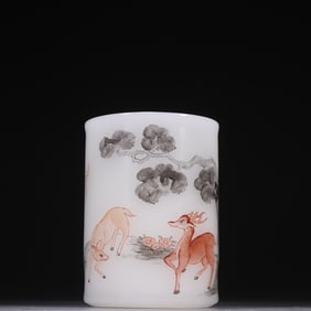 A Rare Famille-Rose Pine and Deer Pattern Brush Pot