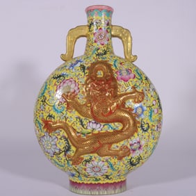 A Exquisite Famille-Rose Yellow Ground Painted Gold Dragon Phoenix Pattern Double-Ears Vase