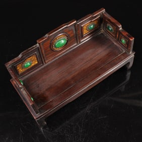 A Exquisite Boxwood Inlaid Gems Statue of Arhat Bed Ornament