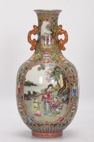 A Exquisite Enamel Figures and Landscape Pattern Double-Ears Vase