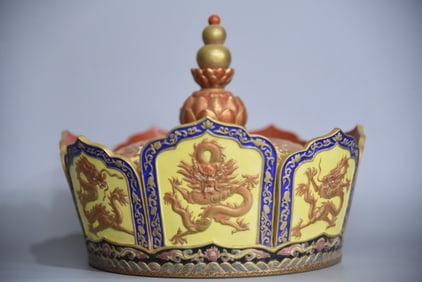 A Exquisite Iron-Red Painted Gold Dragon Pattern Hat