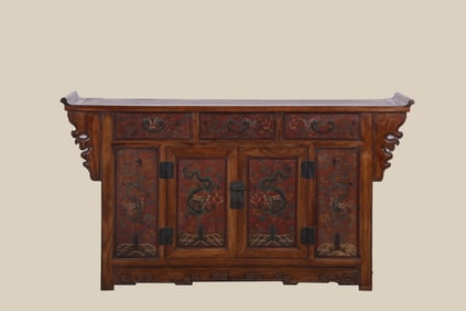 A Huge Huanghuali Wood Carved and Gold-Filled Dragon Pattern Recessed-Head Cabinet