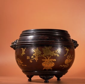 A Exquisite Red Copper Carved Pattern Gilt Double-Lion-Ear Censer