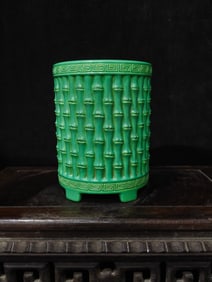 A Exquisite Celadon Glazed Bamboo Pattern Brush Pot