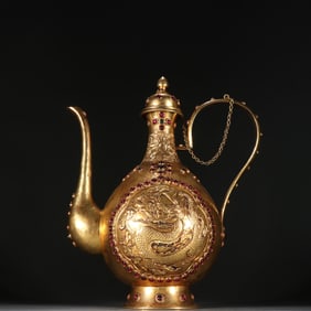 A Rare Gilt Silver Inlaid Gems Dragon Pattern Ewer