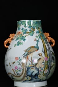 A Exquisite Enamel Flower and Bird Pattern Double-Ears Vase