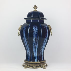 A Exquisite Ji Blue Glazed Kiln Transformation Glazed Inlaid Copper Double Ear Jar