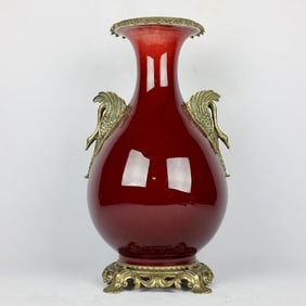 A Exquisite Red Glazed Inlaid Copper Double Ear Vase
