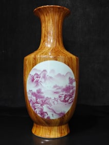 A Exquisite Imitation Wood Grain Glaze and Ruby Red-Glazed Landscape Pattern Vase