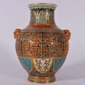 A Exquisite Enamel Carved Painted Gold Dragon Pattern Lion-Eared Vase