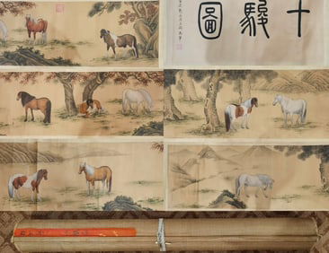 A Chinese Hand Scroll Ink Painting of Horse on Silk