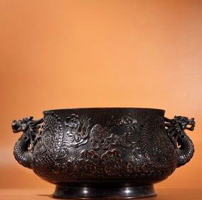 A Exquisite Red Copper Relief Dragon-Ear Censer