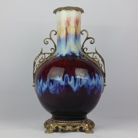 A Exquisite Kiln Transformation Glazed Inlaid Copper Double Ear Vase