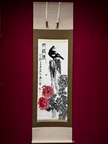 A Chinese Vertical Scroll Ink Painting of Flower and Bird on Paper