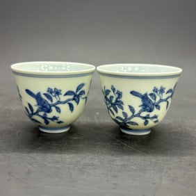A pair of Rare Blue and White Flower and Bird Pattern Cup