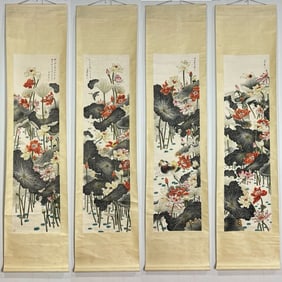 A Set of Chinese Vertical Scroll Ink Paintings of Flowers on Paper