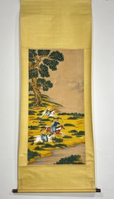 A Chinese Vertical Scroll Ink Painting of Figures on Silk