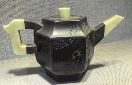 A Rare Three-Inlaid Jade Tin-Wrapped Teapot