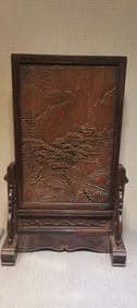 A Rare Redwood Inlaid with Bamboo Carving Landscape Pattern Table Screen
