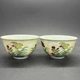 A pair of Rare Doucai Butterfly Flower Pattern Cup