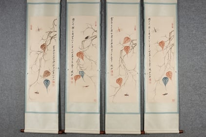 A Set of Chinese Vertical Scroll China Ink Painting of Grass and Insect on Paper