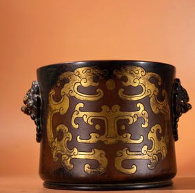 A Exquisite Red Copper Carved Pattern Gilt Double-Lion-Ear Censer