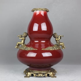An Exquisite Lang Red Glazed Inlaid Bronze Gourd-Shaped Double-Ears Vase