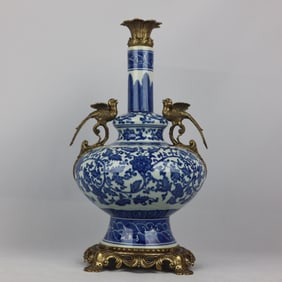 An Exquisite Blue and White Inlaid Bronze Lotus Pattern Seawater Pattern Double-Ears Vase