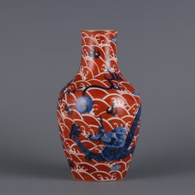 An Exquisite Blue and White Iron-Red Seawater Pattern Dragon and Phoenix Pattern Vase